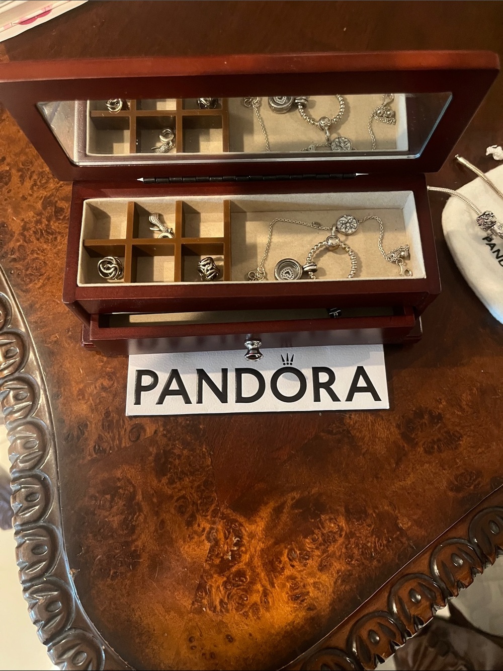 Pandora Wood Cream Jewelry Organizer Box with Mirror Rare